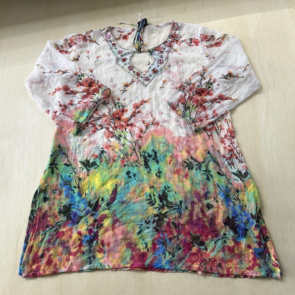 Y2K Ace Fashion Blouse Womens L Multicolor Floral Beaded Sheer Chiffon Tunic Top